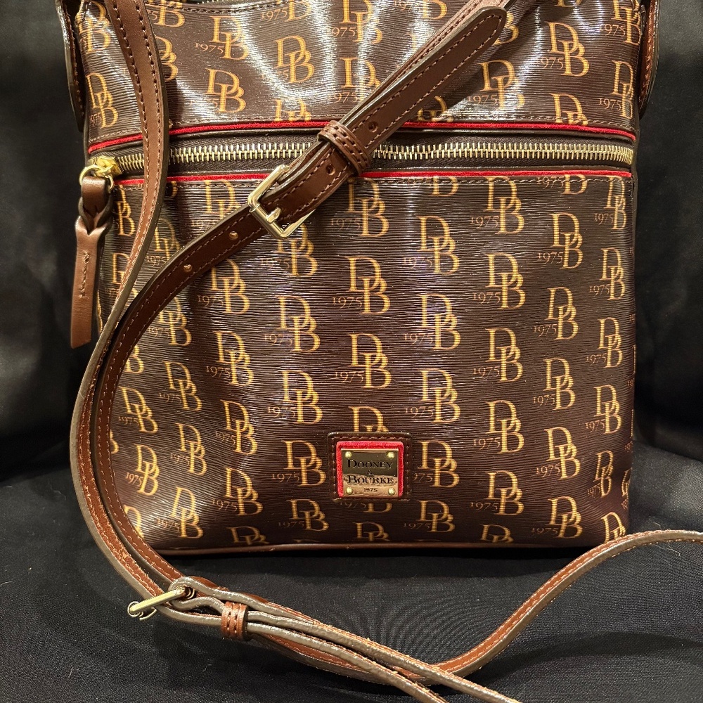 Dooney & Bourke Monogram Crossbody Bag – Brown/Gold DB Print with Red Interior